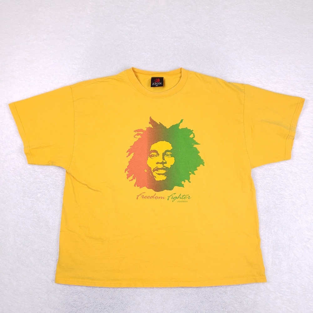 Zion Rootswear Bob Marley T Shirt Men 2X Freedom Fighter Yellow Rasta Y2K Reggae